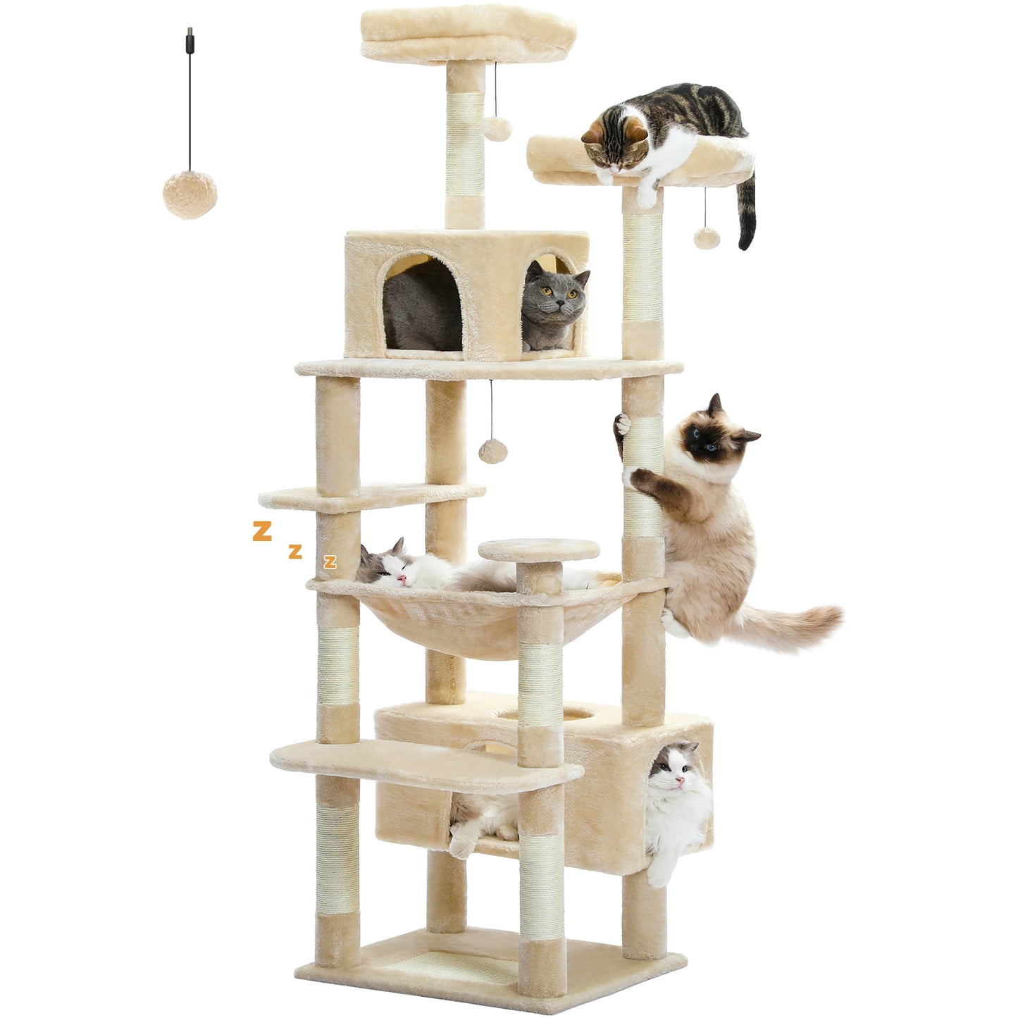 Multi-Level Cat Tree for Indoor Large Cats, Tall Cat Tower with Sisal Scratching Posts, Large Hammock, Cat Condo House, Cat Toys