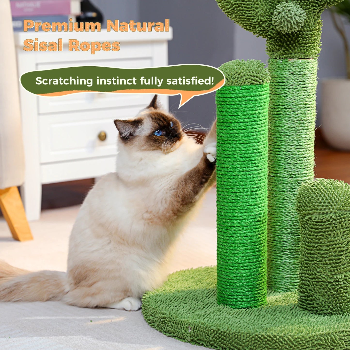 Cactus Cat Scratching Post with Natural Sisal Rope, Interactive Dangling Ball, Green Cat Scratcher for Indoor, Cat Toys