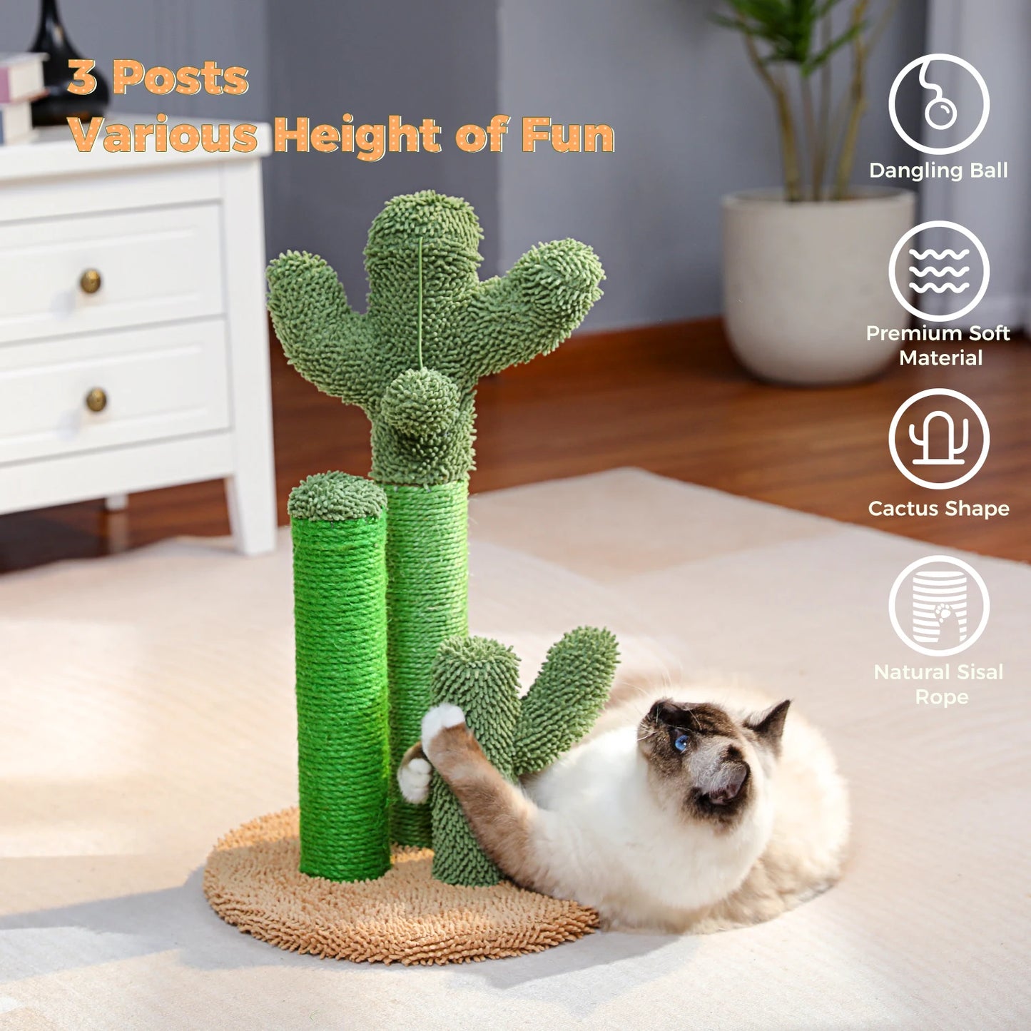 Cactus Cat Scratching Post with Natural Sisal Rope, Interactive Dangling Ball, Green Cat Scratcher for Indoor, Cat Toys