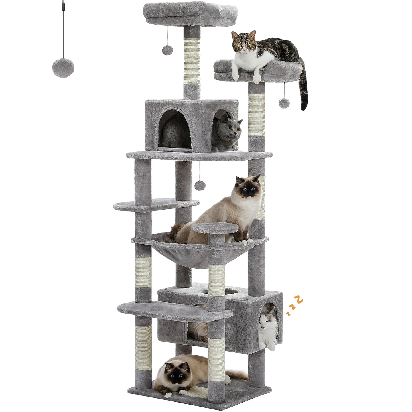 Multi-Level Cat Tree for Indoor Large Cats, Tall Cat Tower with Sisal Scratching Posts, Large Hammock, Cat Condo House, Cat Toys