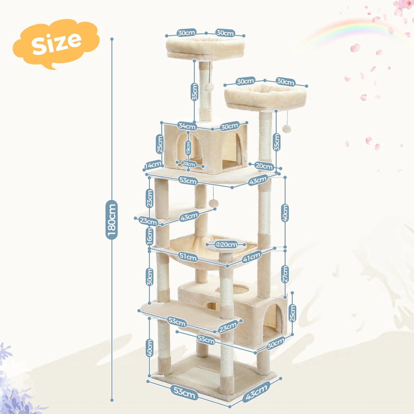 Multi-Level Cat Tree for Indoor Large Cats, Tall Cat Tower with Sisal Scratching Posts, Large Hammock, Cat Condo House, Cat Toys