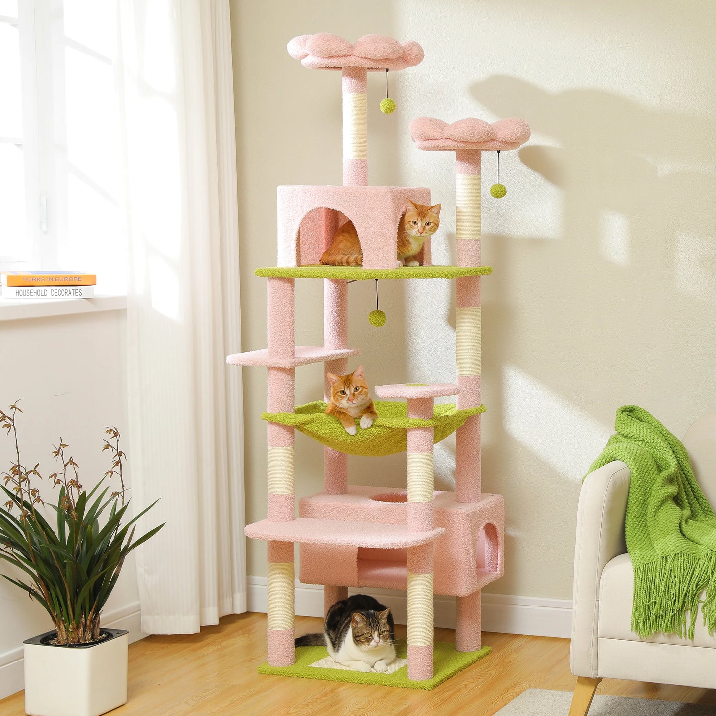 Multi-Level Cat Tree for Indoor Large Cats, Tall Cat Tower with Sisal Scratching Posts, Large Hammock, Cat Condo House, Cat Toys