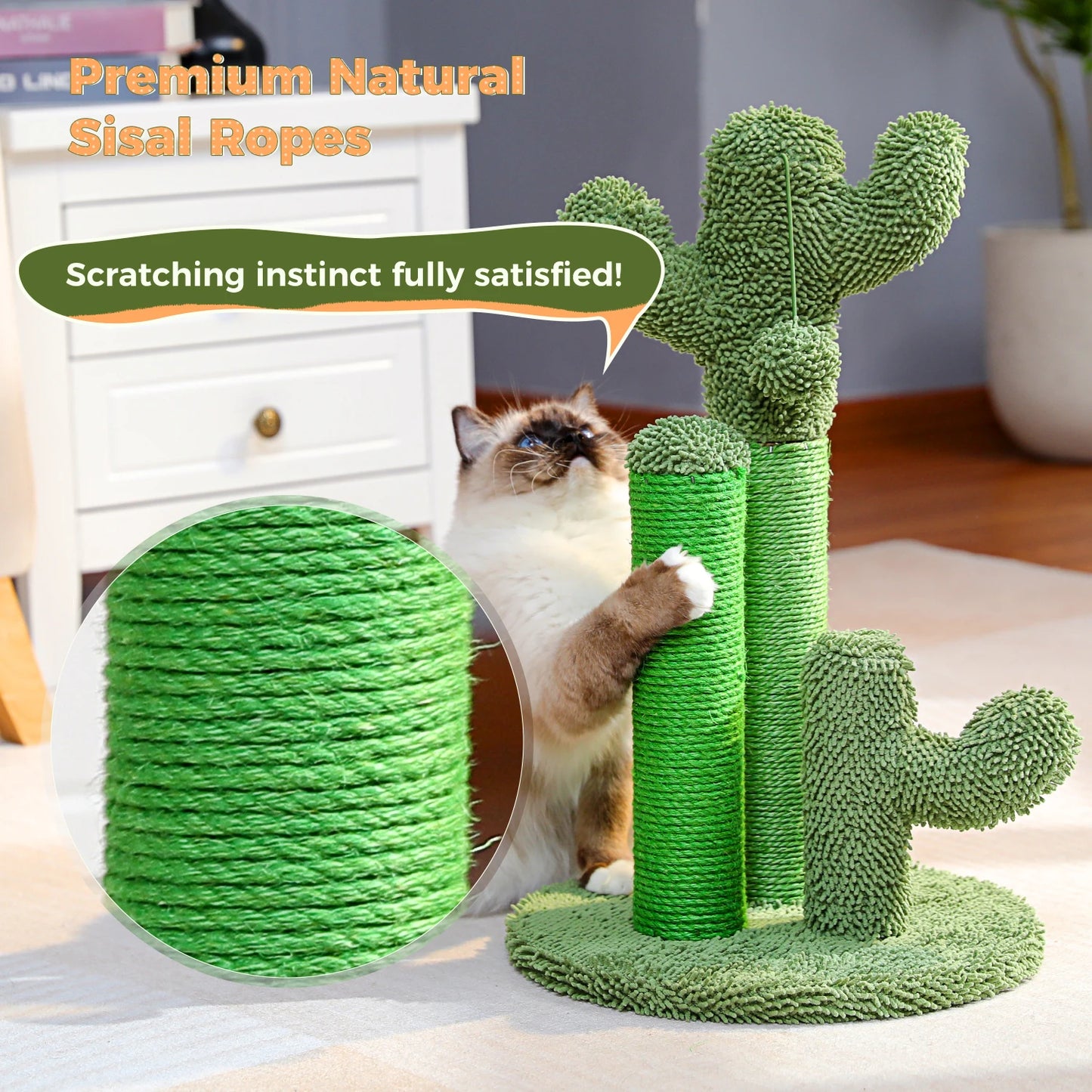 Cactus Cat Scratching Post with Natural Sisal Rope, Interactive Dangling Ball, Green Cat Scratcher for Indoor, Cat Toys