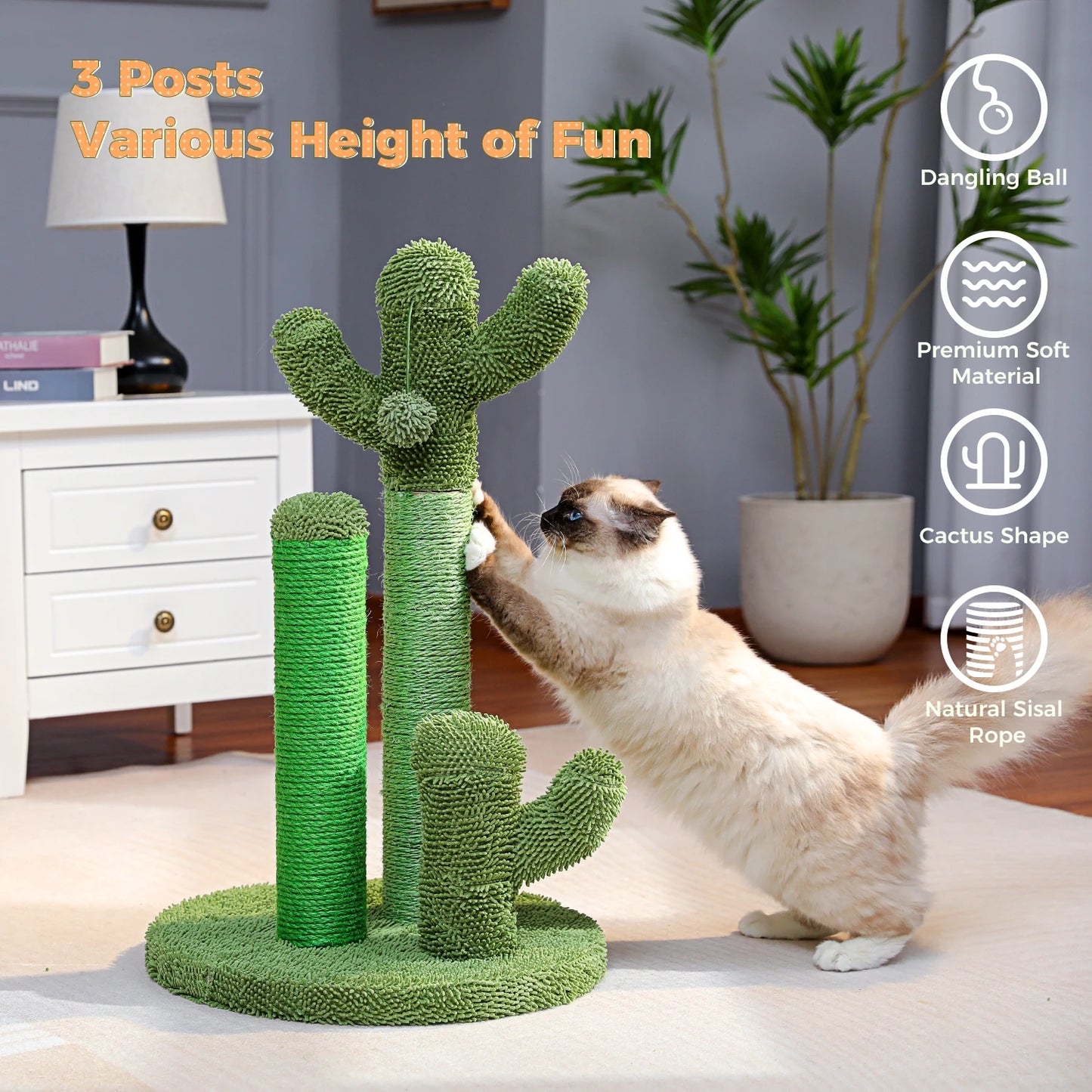 Cactus Cat Scratching Post with Natural Sisal Rope, Interactive Dangling Ball, Green Cat Scratcher for Indoor, Cat Toys