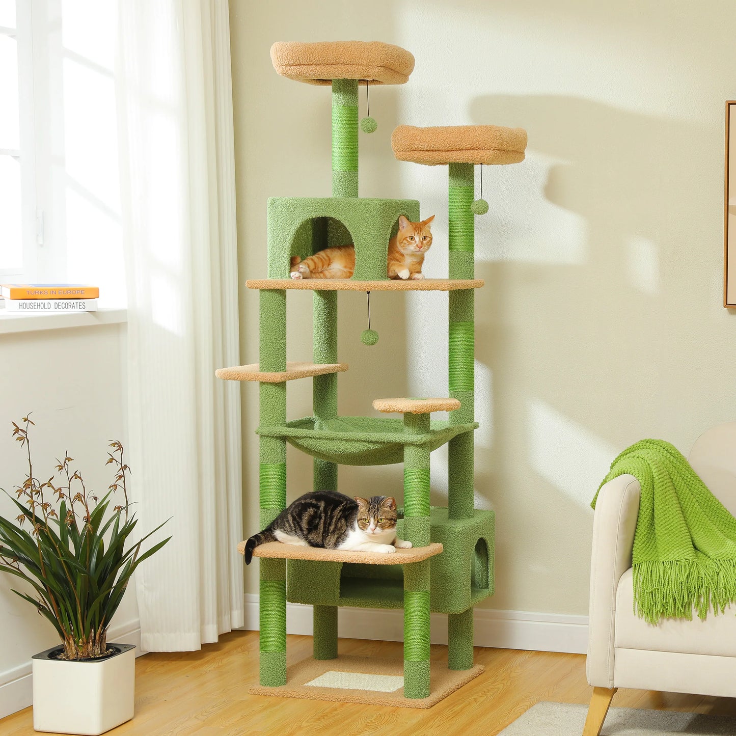 Multi-Level Cat Tree for Indoor Large Cats, Tall Cat Tower with Sisal Scratching Posts, Large Hammock, Cat Condo House, Cat Toys