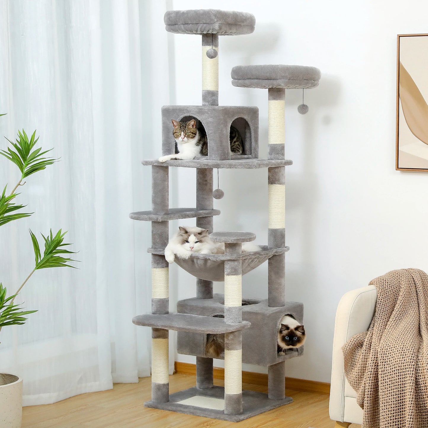 Multi-Level Cat Tree for Indoor Large Cats, Tall Cat Tower with Sisal Scratching Posts, Large Hammock, Cat Condo House, Cat Toys