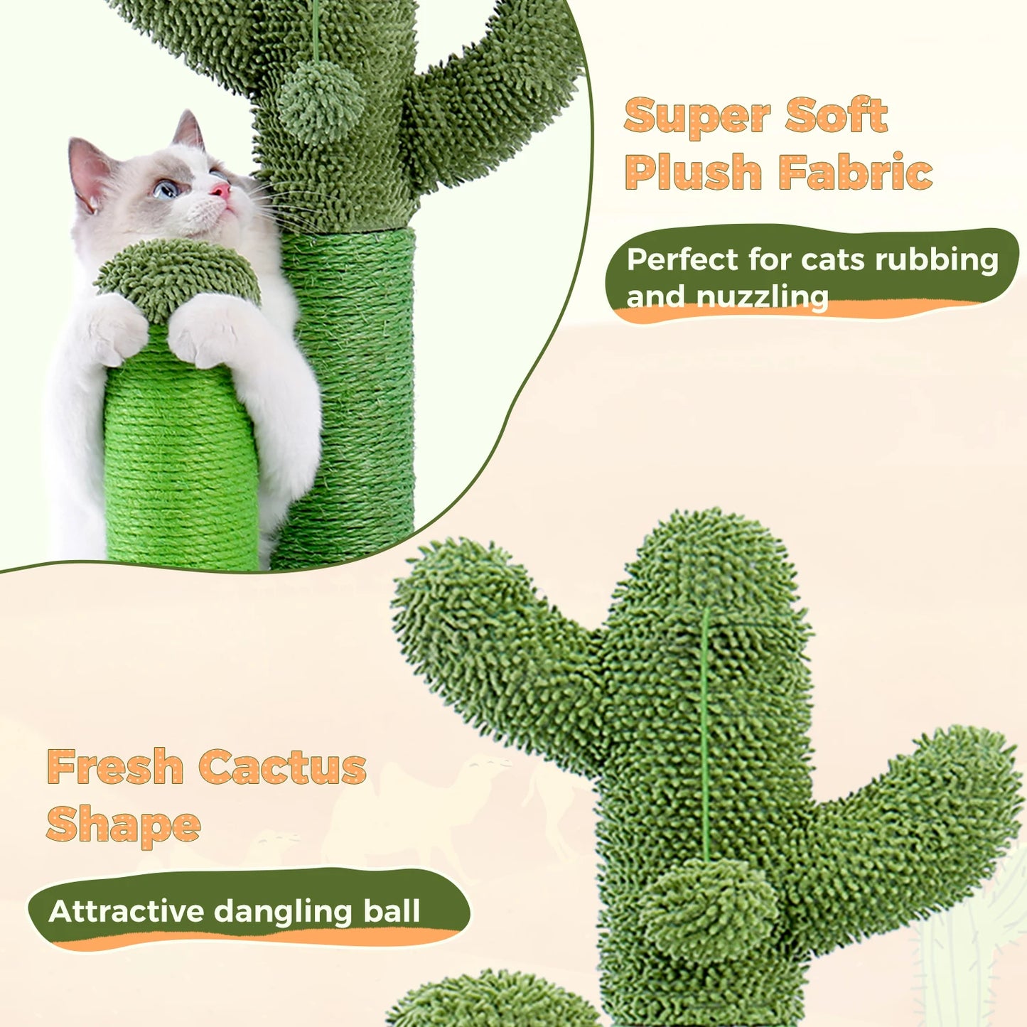 Cactus Cat Scratching Post with Natural Sisal Rope, Interactive Dangling Ball, Green Cat Scratcher for Indoor, Cat Toys