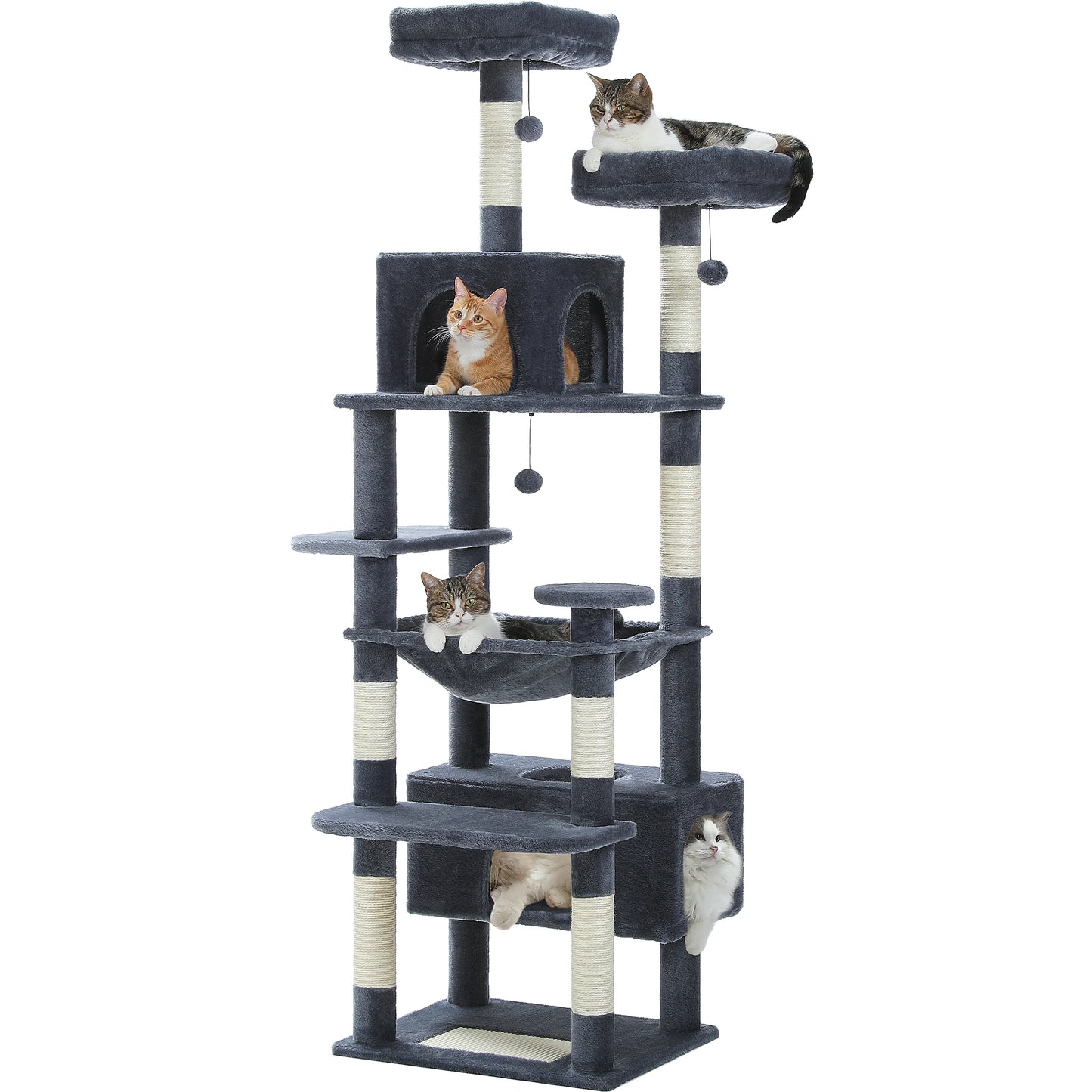 Multi-Level Cat Tree for Indoor Large Cats, Tall Cat Tower with Sisal Scratching Posts, Large Hammock, Cat Condo House, Cat Toys