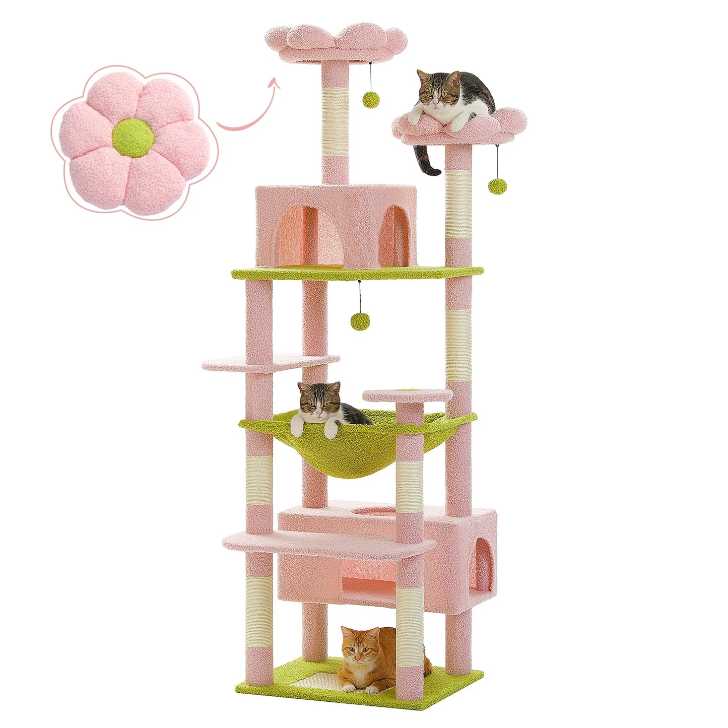 Multi-Level Cat Tree for Indoor Large Cats, Tall Cat Tower with Sisal Scratching Posts, Large Hammock, Cat Condo House, Cat Toys