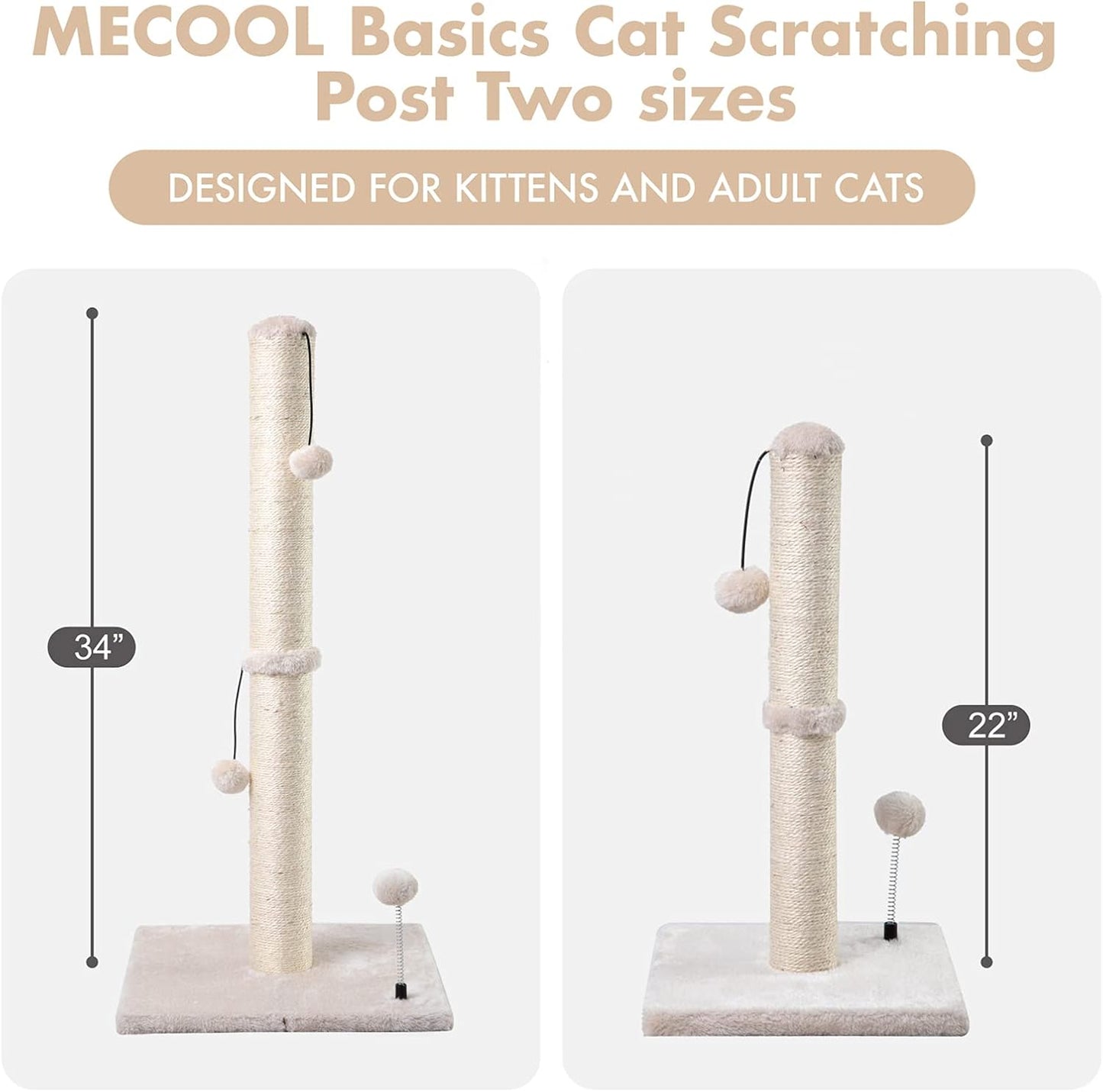 34” Tall Cat Scratching Post Premium Basics Kitten Scratcher Sisal Scratch Posts Trees with Hanging Ball for Indoor Cats, Beige