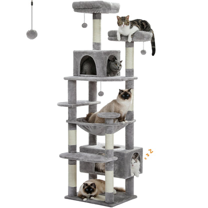 Multi-Level Cat Tree for Indoor Large Cats, Tall Cat Tower with Sisal Scratching Posts, Large Hammock, Cat Condo House, Cat Toys