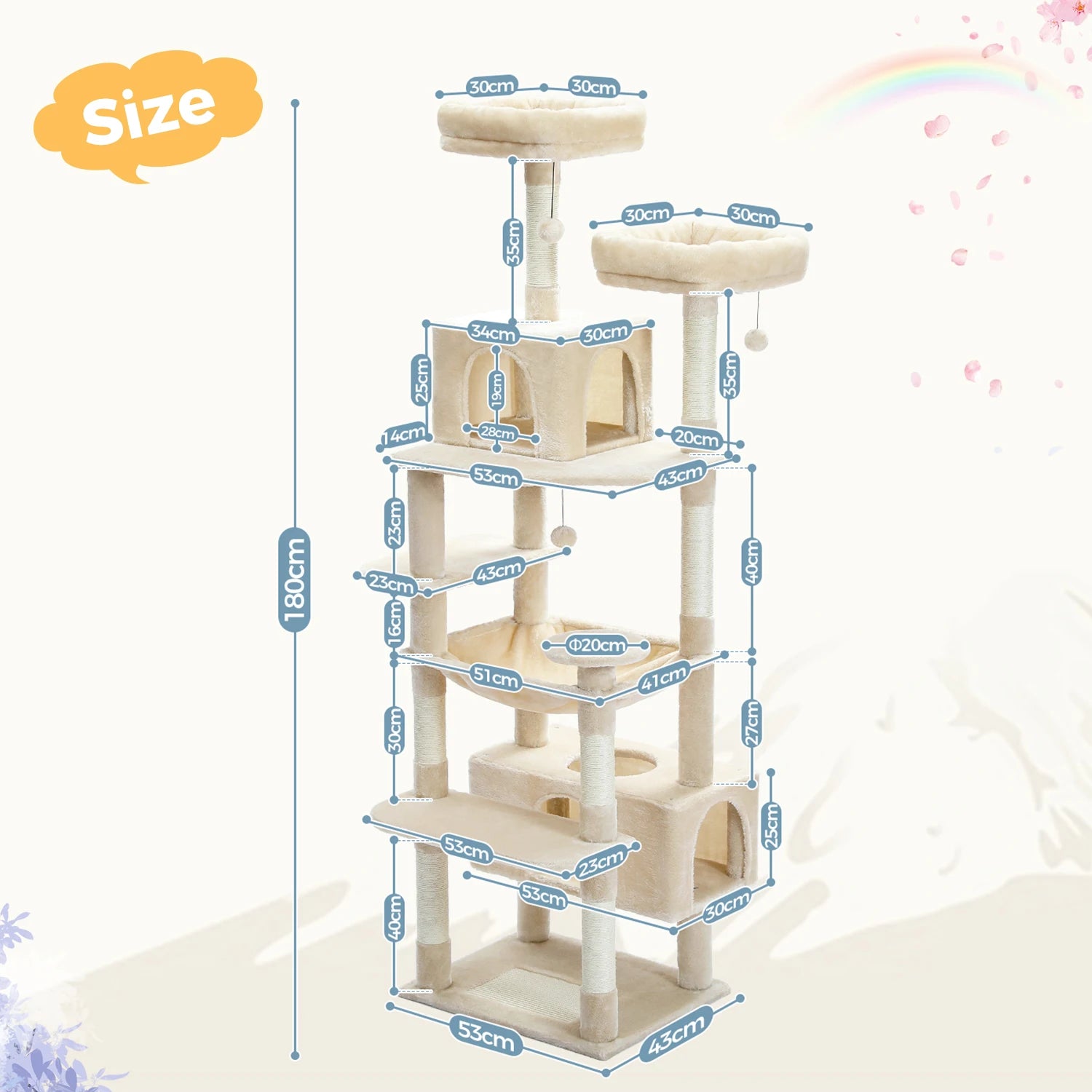 Multi-Level Cat Tree for Indoor Large Cats, Tall Cat Tower with Sisal Scratching Posts, Large Hammock, Cat Condo House, Cat Toys