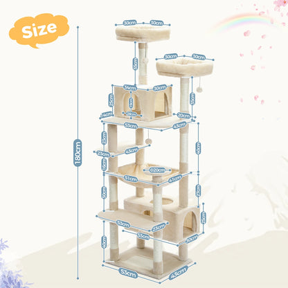 Multi-Level Cat Tree for Indoor Large Cats, Tall Cat Tower with Sisal Scratching Posts, Large Hammock, Cat Condo House, Cat Toys