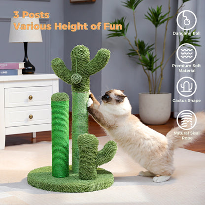 Cactus Cat Scratching Post with Natural Sisal Rope, Interactive Dangling Ball, Green Cat Scratcher for Indoor, Cat Toys