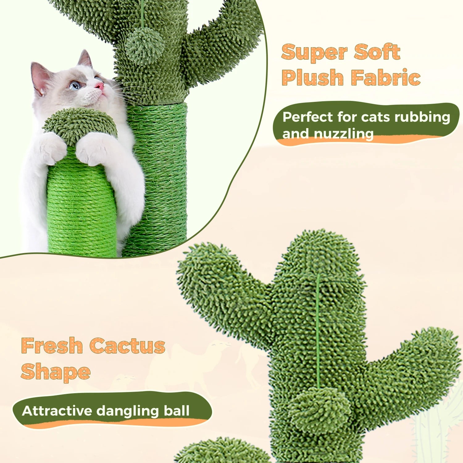 Cactus Cat Scratching Post with Natural Sisal Rope, Interactive Dangling Ball, Green Cat Scratcher for Indoor, Cat Toys