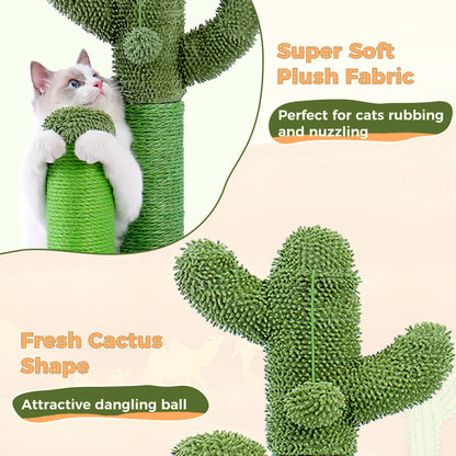 Cactus Cat Scratching Post with Natural Sisal Rope, Interactive Dangling Ball, Green Cat Scratcher for Indoor, Cat Toys