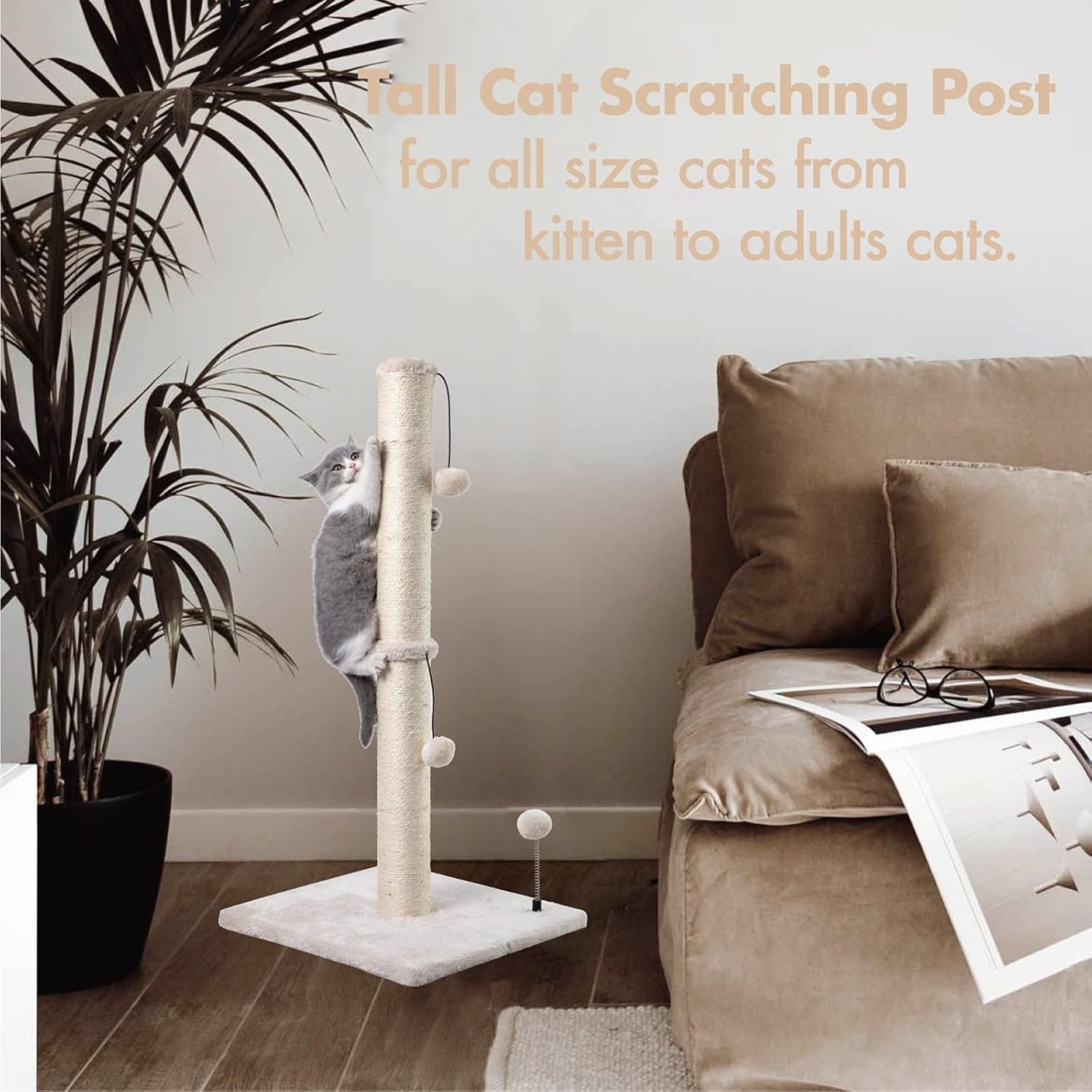 34” Tall Cat Scratching Post Premium Basics Kitten Scratcher Sisal Scratch Posts Trees with Hanging Ball for Indoor Cats, Beige