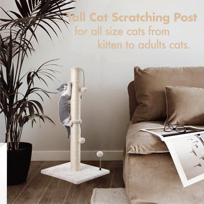 34” Tall Cat Scratching Post Premium Basics Kitten Scratcher Sisal Scratch Posts Trees with Hanging Ball for Indoor Cats, Beige