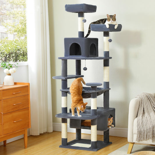 Multi-Level Cat Tree for Indoor Large Cats, Tall Cat Tower with Sisal Scratching Posts, Large Hammock, Cat Condo House, Cat Toys